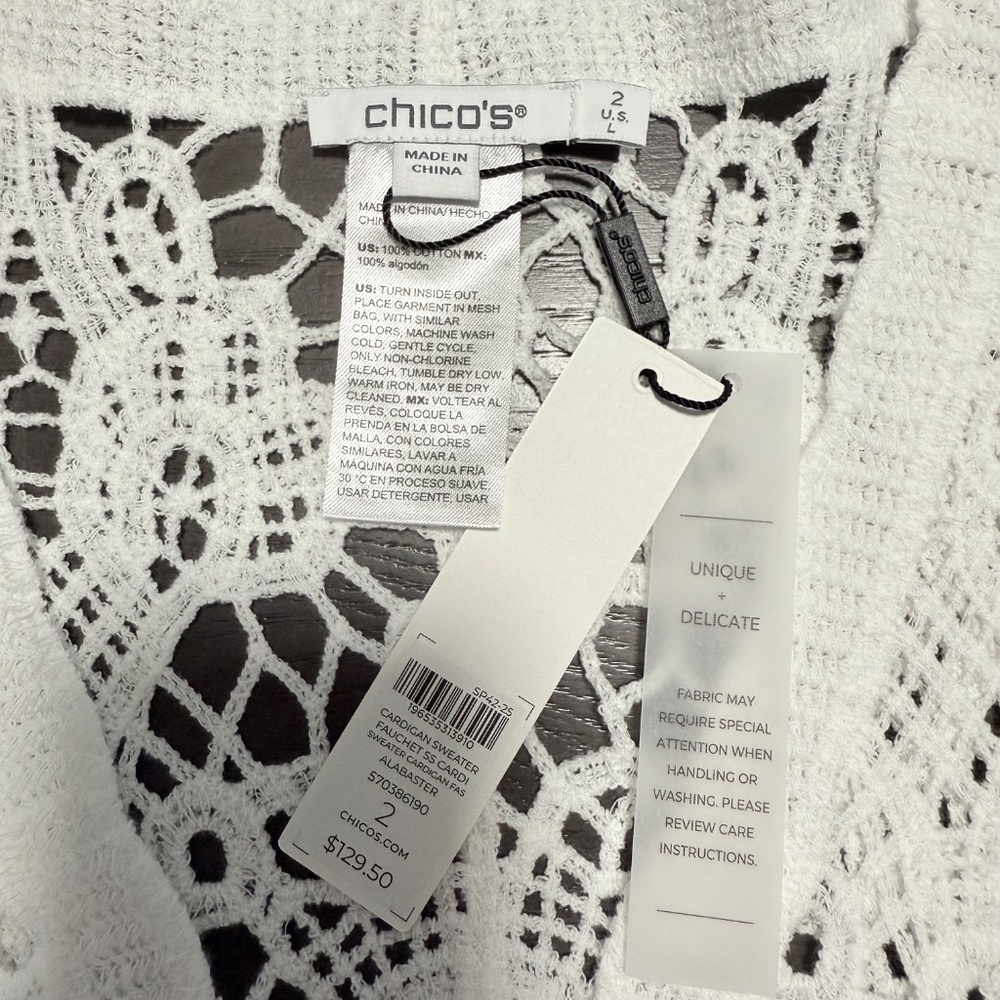 Chicos 2 Crochet Lace Alabaster Cardigan Sweater Size 12 - Picture 8 of 9